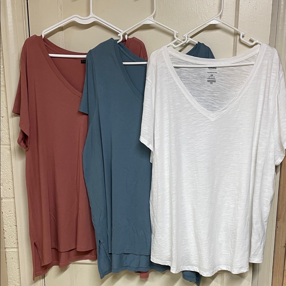 Tahari V-Neck Short Sleeve Tops - White, Blue, and Pink
